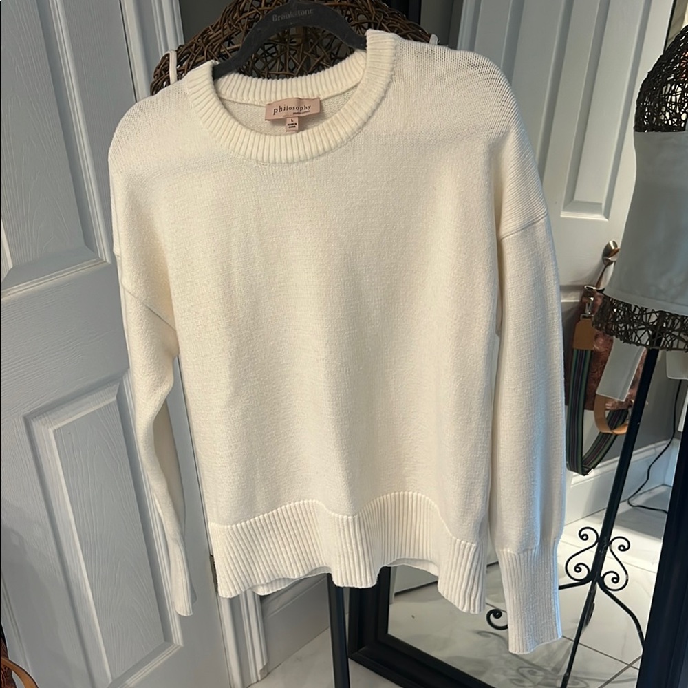 Philosophy White Crew Neck Sweater with Ribbed Detailing